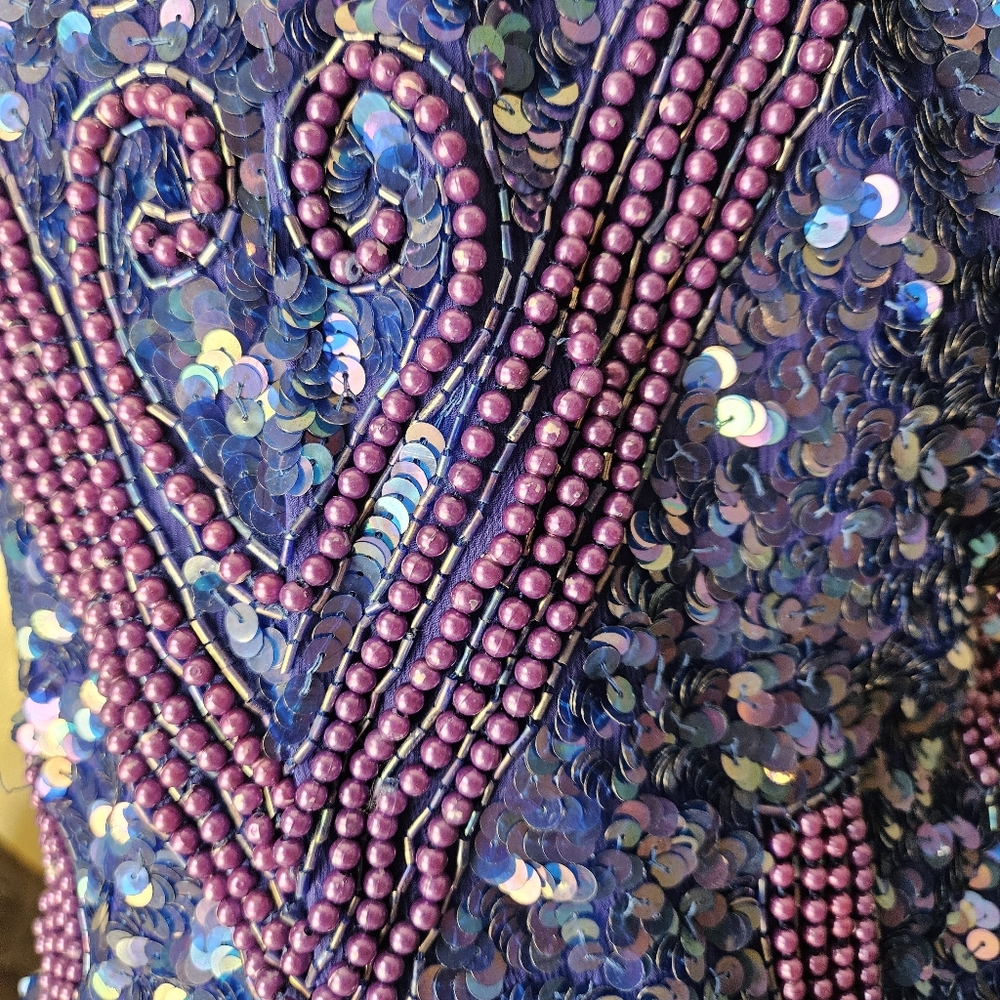 Vintage Silk Blue Beaded Sequin Top Petite XL - Picture 8 of 14
